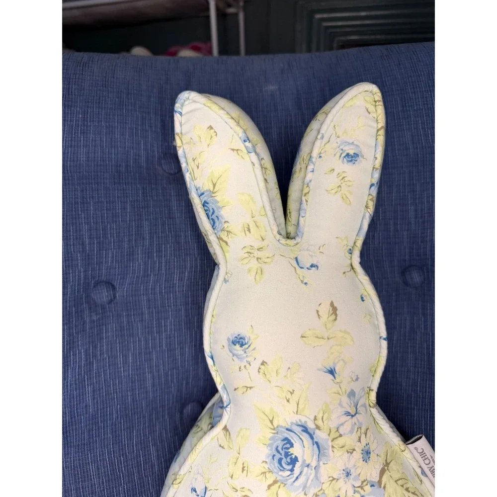 Shabby Chic Bunny Shaped Decorative Pillow Blue‎ Yellow Floral Rose Pom Pom Tail